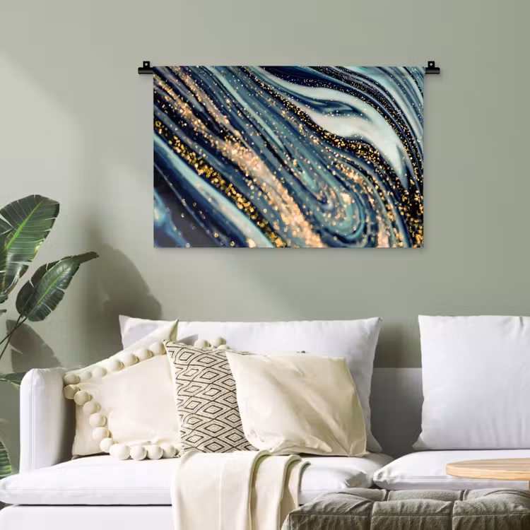 Marmer - Goud - Blauw - Glitter - Marmerlook - Abstract Wandkleed katoen klein -sfeer7