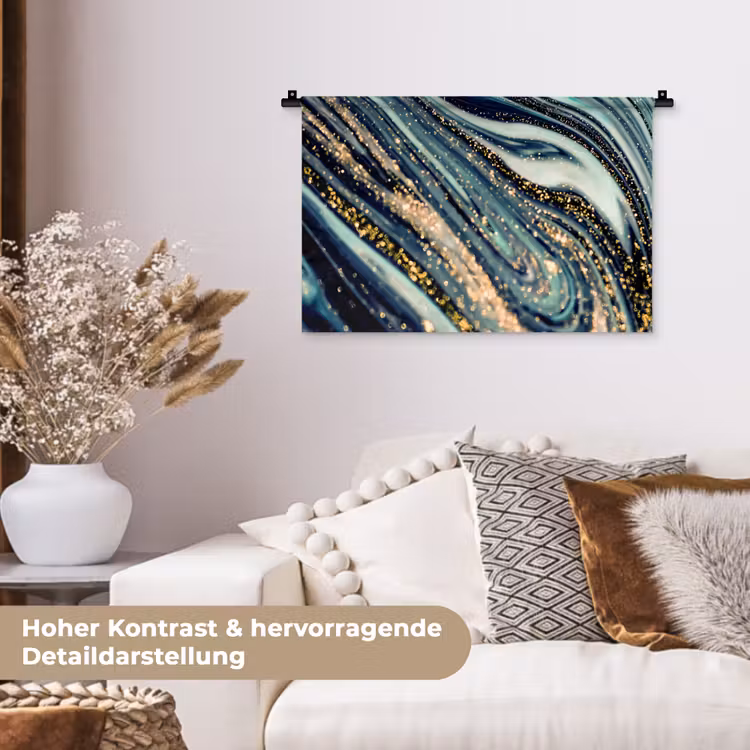 Marmer - Goud - Blauw - Glitter - Marmerlook - Abstract Wandkleed katoen klein -tsfeer1_DE