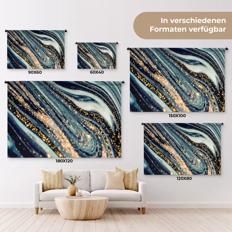 Marmer - Goud - Blauw - Glitter - Marmerlook - Abstract Wandkleed katoen klein -tsfeer8_DE