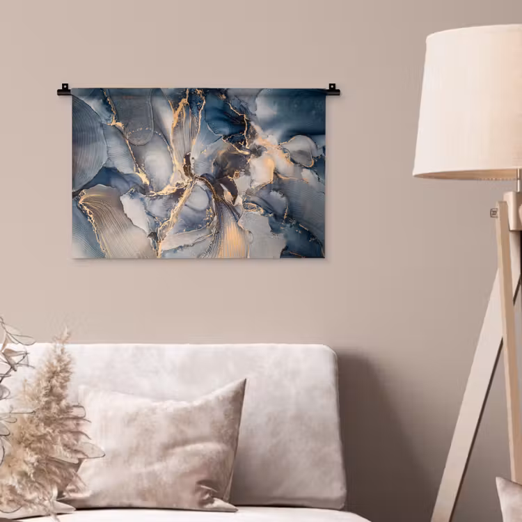 Marmer - Grijs - Blauw - Luxe - Goud Wandkleed katoen klein -sfeer4