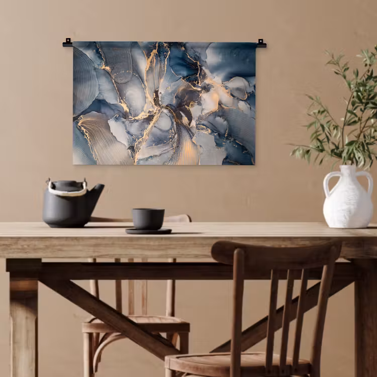 Marmer - Grijs - Blauw - Luxe - Goud Wandkleed katoen klein -sfeer6