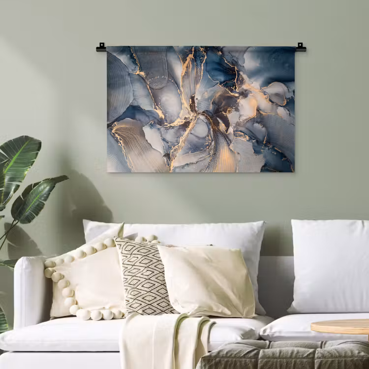 Marmer - Grijs - Blauw - Luxe - Goud Wandkleed katoen klein -sfeer7