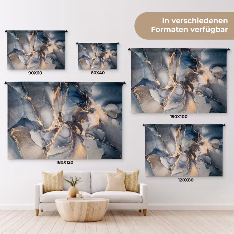 Marmer - Grijs - Blauw - Luxe - Goud Wandkleed katoen klein -tsfeer8_DE