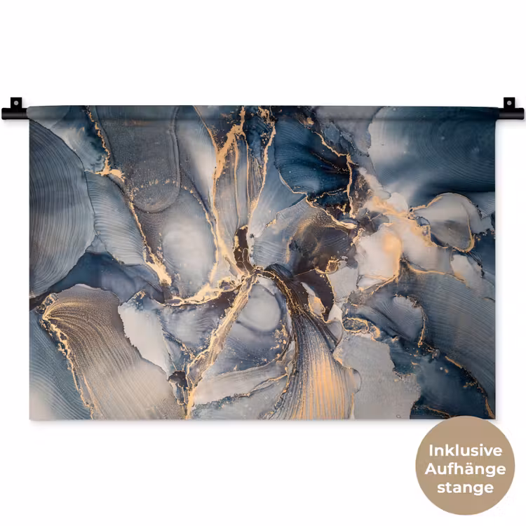 Marmer - Grijs - Blauw - Luxe - Goud Wandkleed katoen klein -t3d_DE