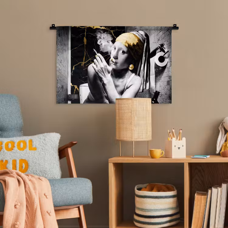 Marmerlook - Meisje met de parel - Sigaretten - Toilet - Goud - Kunst - Oude meesters Wandkleed katoen klein -wsfeer4_kind