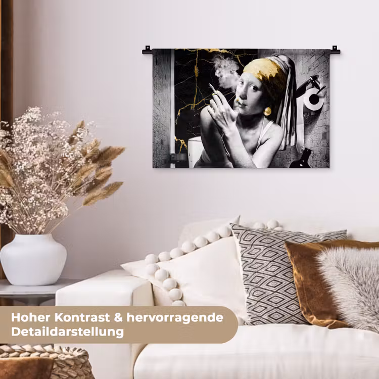 Marmerlook - Meisje met de parel - Sigaretten - Toilet - Goud - Kunst - Oude meesters Wandkleed katoen klein -tsfeer1_DE