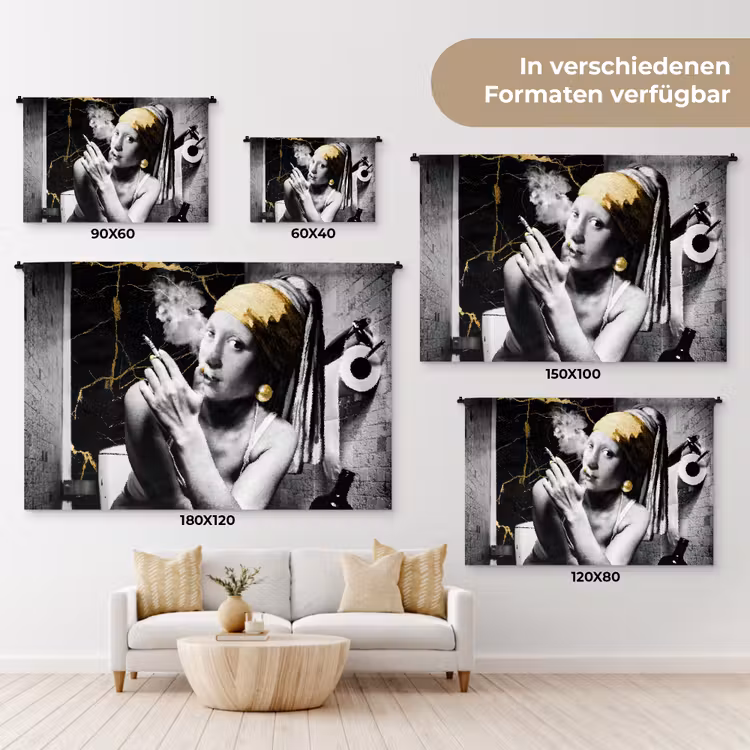 Marmerlook - Meisje met de parel - Sigaretten - Toilet - Goud - Kunst - Oude meesters Wandkleed katoen klein -tsfeer8_DE