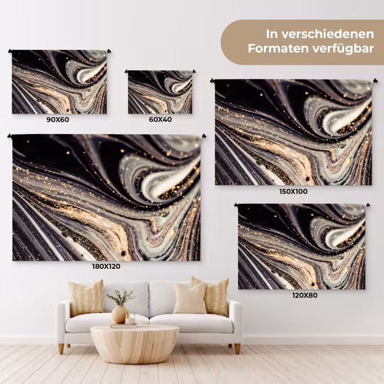 Marmerlook - Zwart - Goud - Wit - Glitter - Marmer Wandkleed katoen klein -tsfeer8_DE