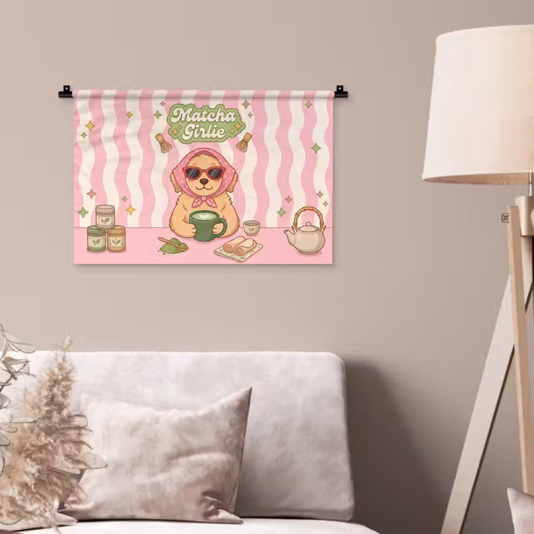 Matcha - Hond - Roze - Groen Wandkleed katoen klein -sfeer4