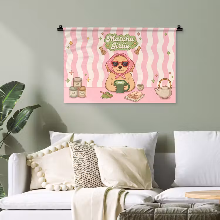 Matcha - Hond - Roze - Groen Wandkleed katoen klein -sfeer7