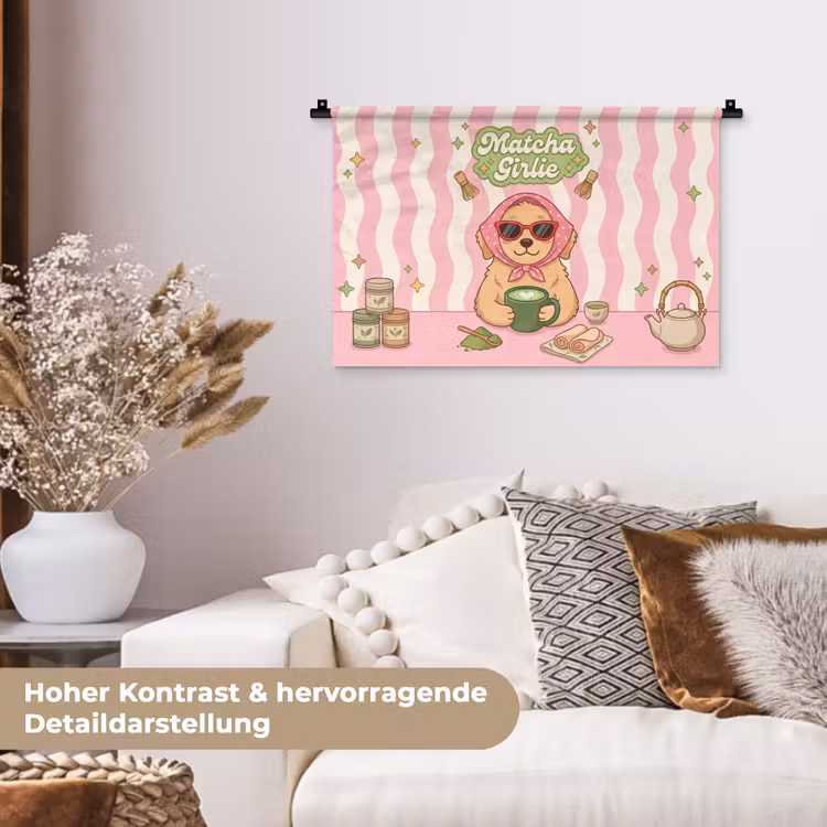 Matcha - Hond - Roze - Groen Wandkleed katoen klein -tsfeer1_DE