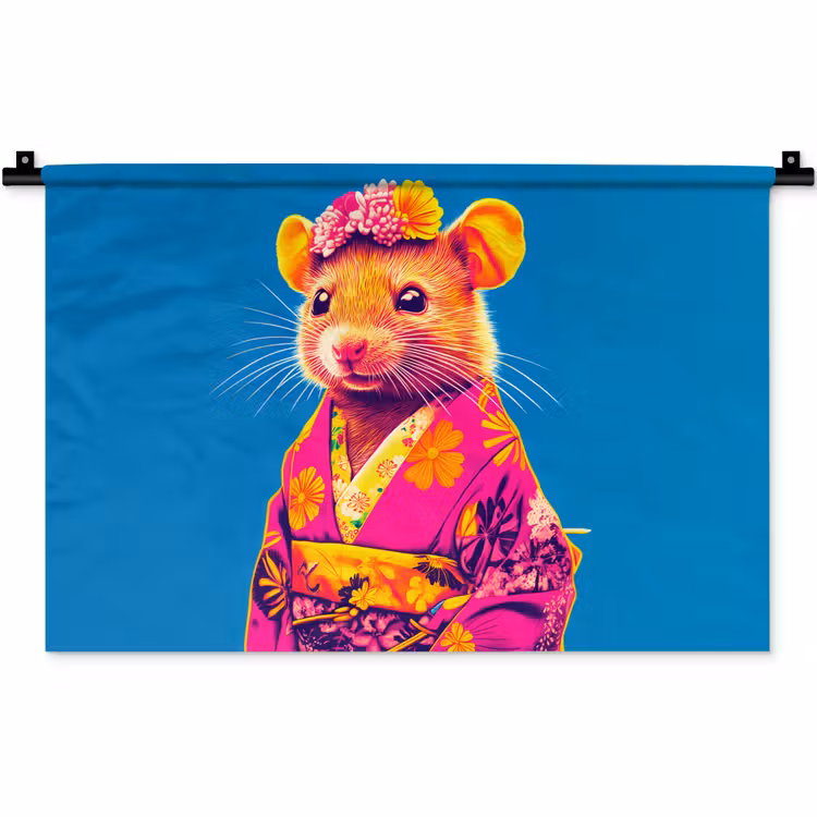 Muis - Kimono - Bloemen - Blauw Wandkleed katoen klein -zz3d