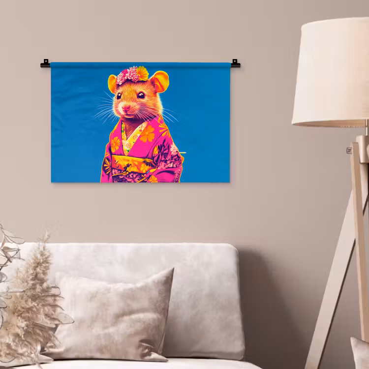 Muis - Kimono - Bloemen - Blauw Wandkleed katoen klein -sfeer4