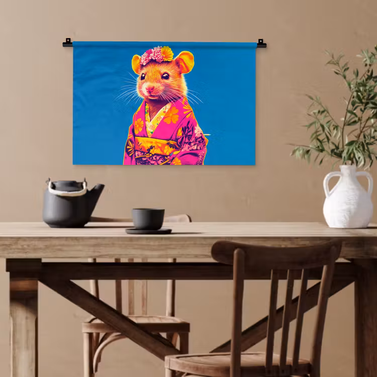 Muis - Kimono - Bloemen - Blauw Wandkleed katoen klein -sfeer6
