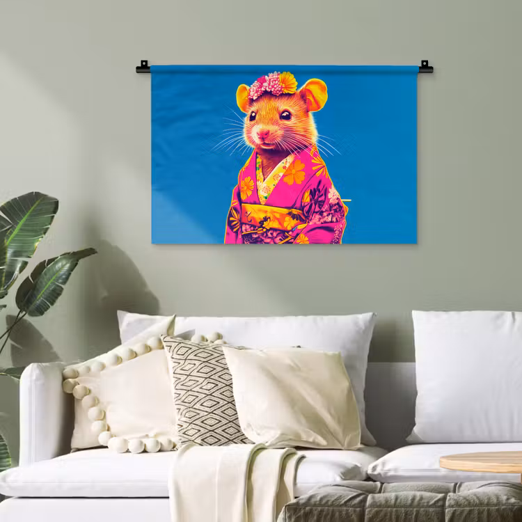 Muis - Kimono - Bloemen - Blauw Wandkleed katoen klein -sfeer7
