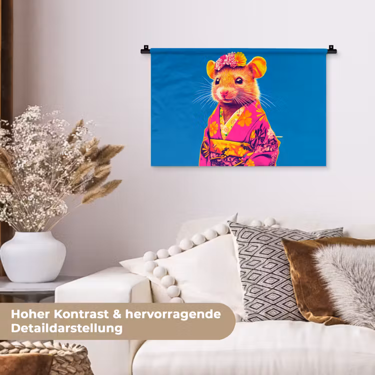 Muis - Kimono - Bloemen - Blauw Wandkleed katoen klein -tsfeer1_DE