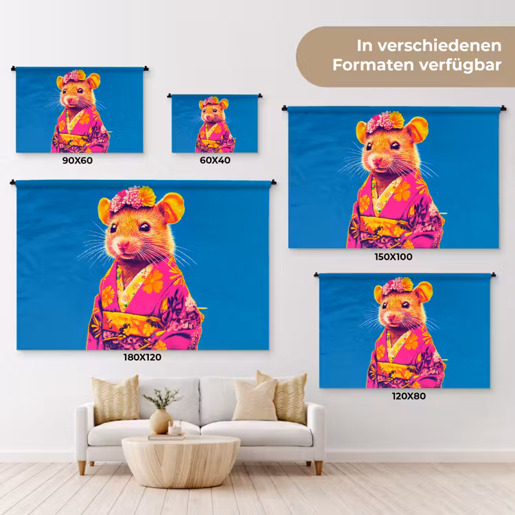 Muis - Kimono - Bloemen - Blauw Wandkleed katoen klein -tsfeer8_DE