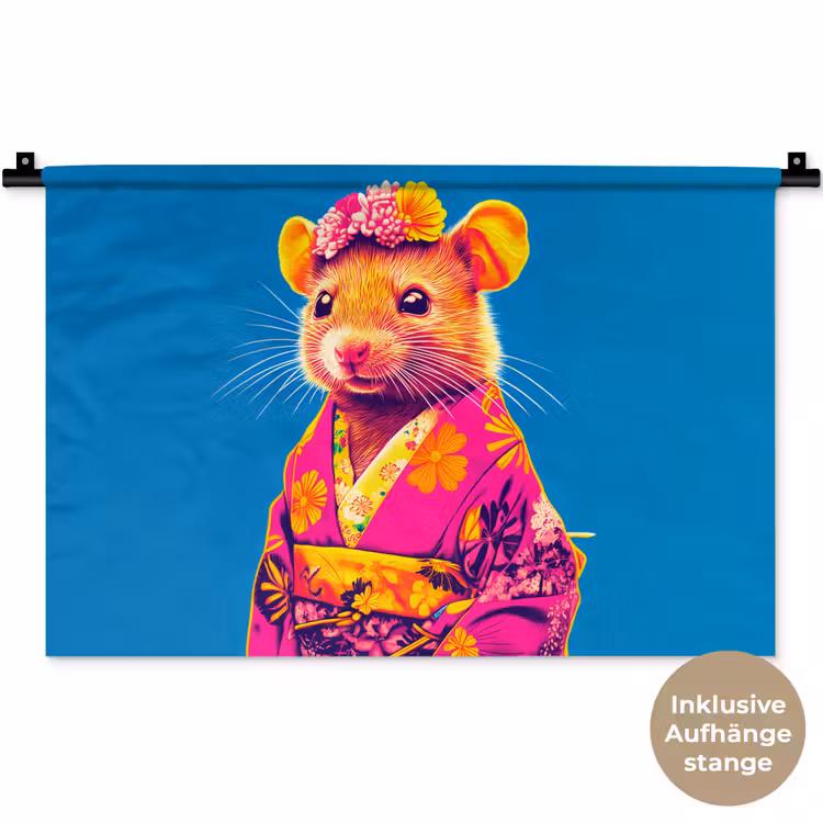 Muis - Kimono - Bloemen - Blauw Wandkleed katoen klein -t3d_DE