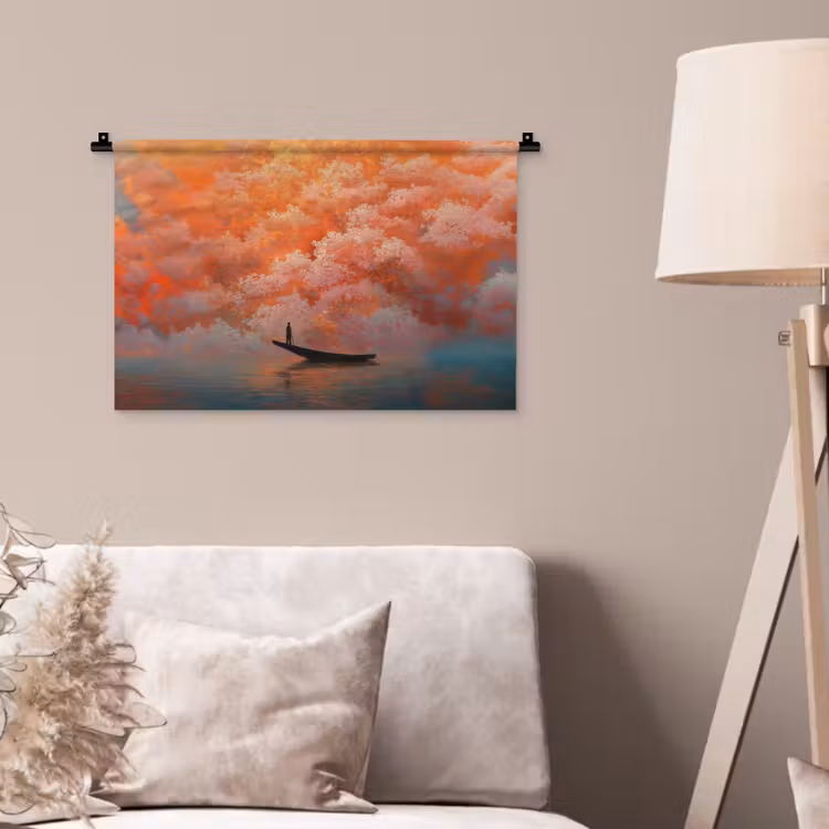 Zee - Boot - Wolken - Oranje Wandkleed katoen klein -sfeer4