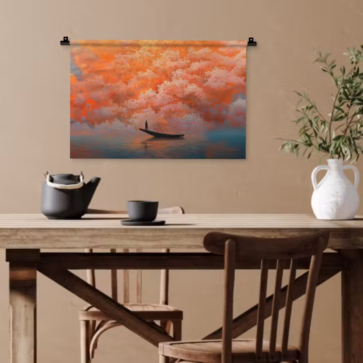 Zee - Boot - Wolken - Oranje Wandkleed katoen klein -sfeer6