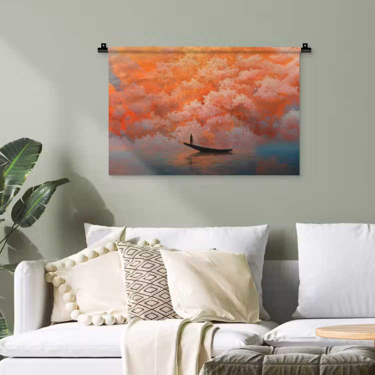 Zee - Boot - Wolken - Oranje Wandkleed katoen klein -sfeer7
