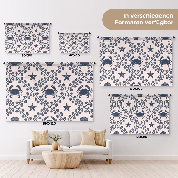 Zee - Krab - Zeester - Patroon - Blauw Wandkleed katoen klein -tsfeer8_DE