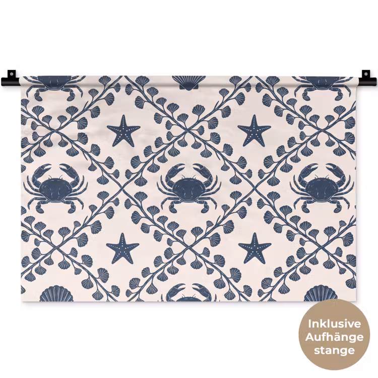 Zee - Krab - Zeester - Patroon - Blauw Wandkleed katoen klein -t3d_DE