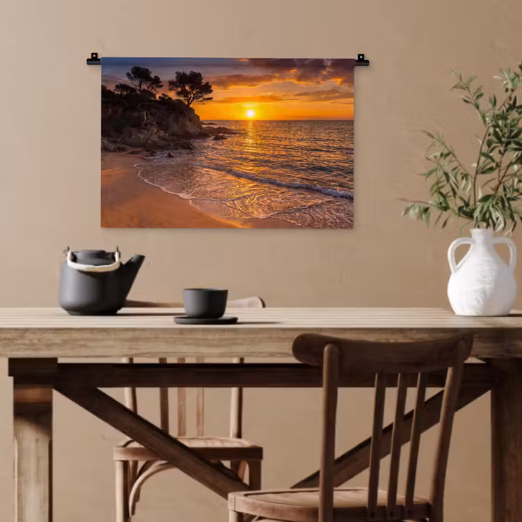 Zee - Kust - Zonsondergang - Natuur - Oranje Wandkleed katoen klein -sfeer6