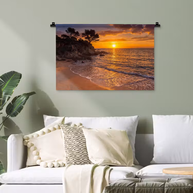 Zee - Kust - Zonsondergang - Natuur - Oranje Wandkleed katoen klein -sfeer7