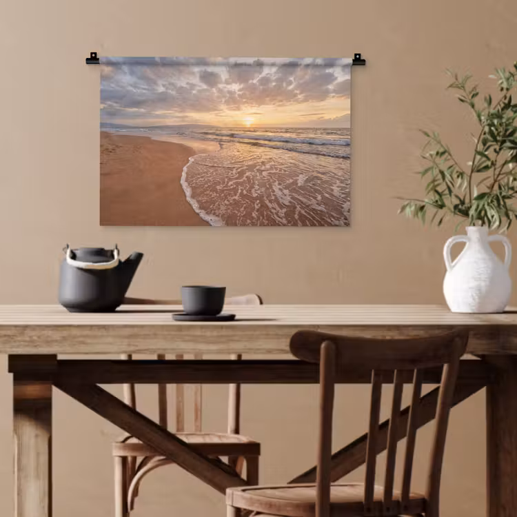 Zee - Kustlijn - Wolken - Landschap - Oranje Wandkleed katoen klein -sfeer6