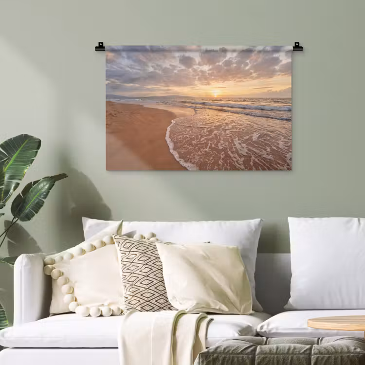 Zee - Kustlijn - Wolken - Landschap - Oranje Wandkleed katoen klein -sfeer7