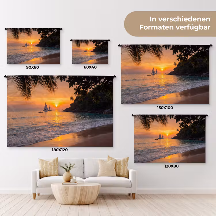 Zee - Zonsondergang - Boot - Natuur - Oranje Wandkleed katoen klein -tsfeer8_DE
