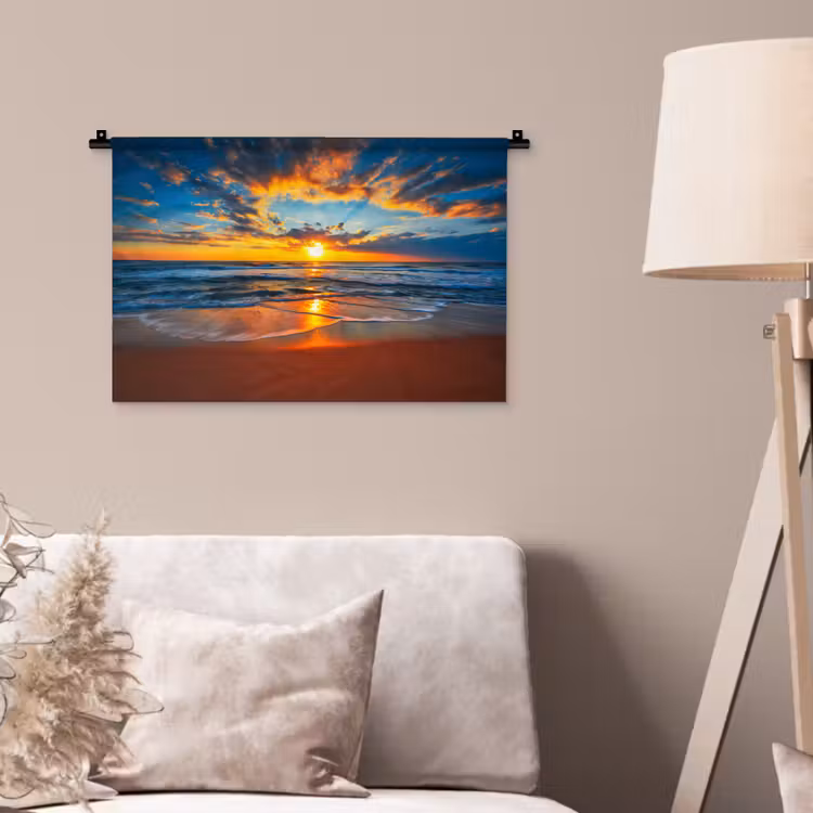 Zee - Zonsondergang - Strand - Wolken - Oranje Wandkleed katoen klein -sfeer4