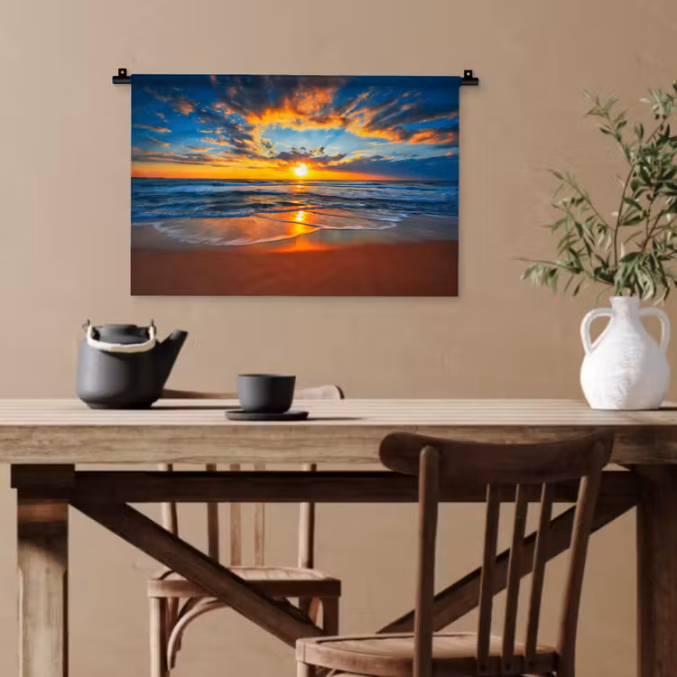 Zee - Zonsondergang - Strand - Wolken - Oranje Wandkleed katoen klein -sfeer6