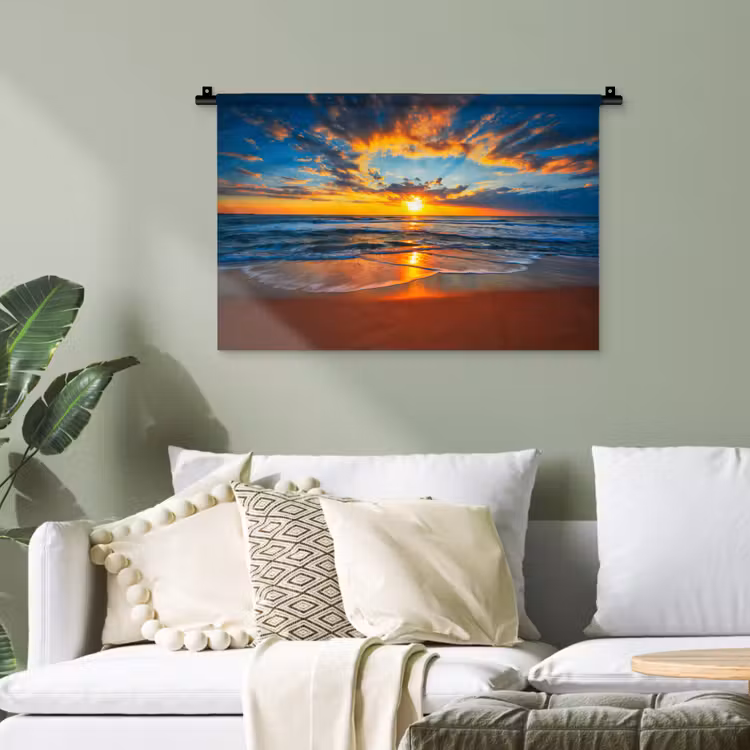 Zee - Zonsondergang - Strand - Wolken - Oranje Wandkleed katoen klein -sfeer7