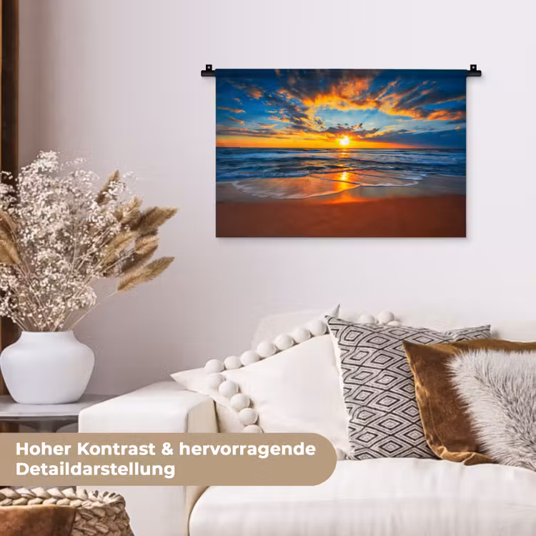 Zee - Zonsondergang - Strand - Wolken - Oranje Wandkleed katoen klein -tsfeer1_DE