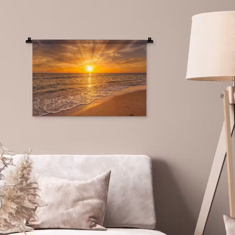 Zee - Zonsondergang - Golven - Kust - Oranje Wandkleed katoen klein -sfeer4