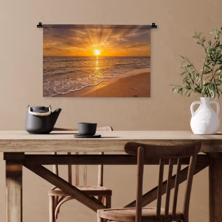 Zee - Zonsondergang - Golven - Kust - Oranje Wandkleed katoen klein -sfeer6