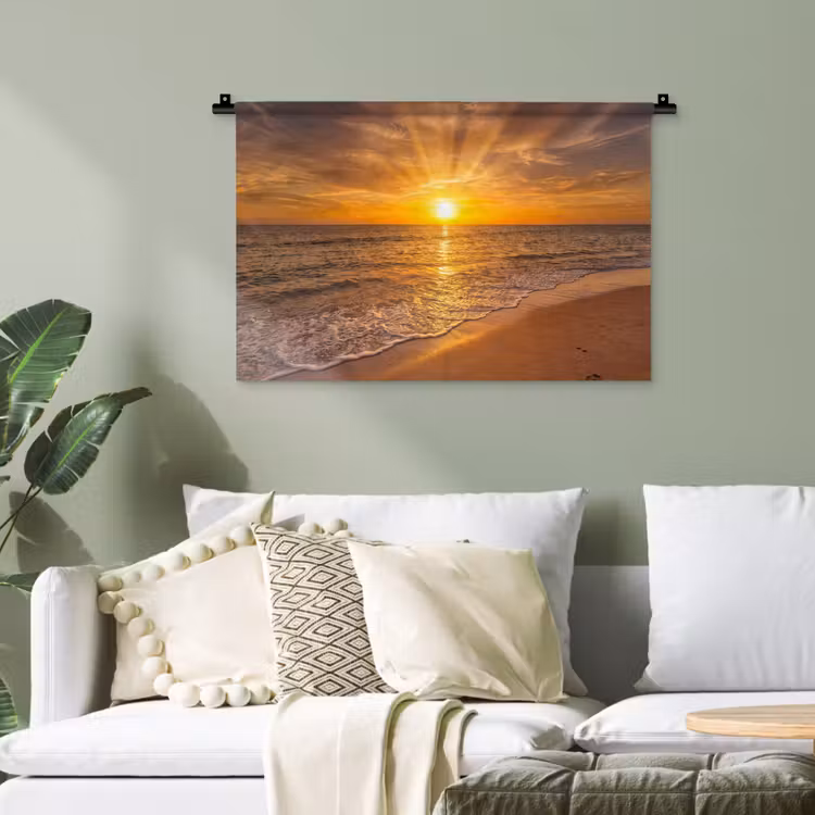 Zee - Zonsondergang - Golven - Kust - Oranje Wandkleed katoen klein -sfeer7