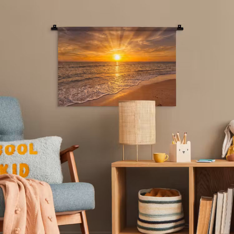 Zee - Zonsondergang - Golven - Kust - Oranje Wandkleed katoen klein -wsfeer4_kind
