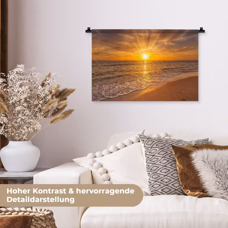 Zee - Zonsondergang - Golven - Kust - Oranje Wandkleed katoen klein -tsfeer1_DE