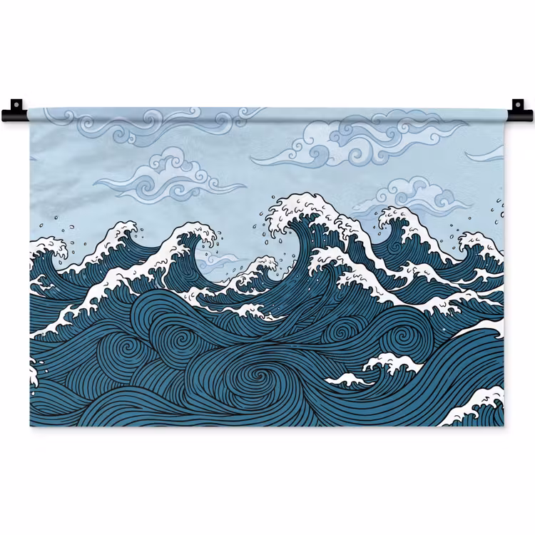 Zee - Golven - Japans - Natuur - Blauw Wandkleed katoen klein -zz3d