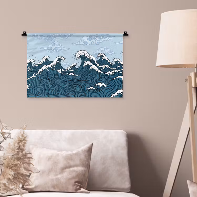 Zee - Golven - Japans - Natuur - Blauw Wandkleed katoen klein -sfeer4