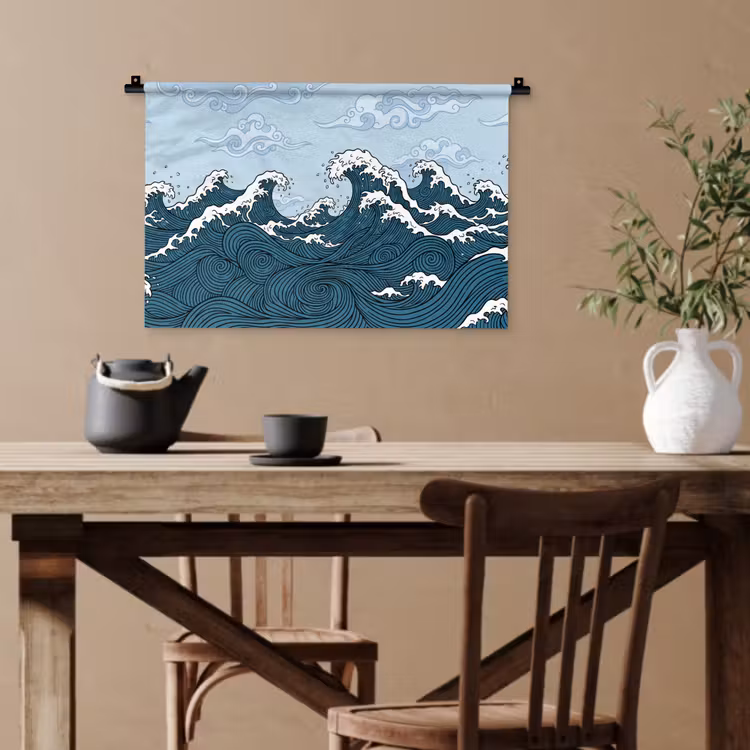 Zee - Golven - Japans - Natuur - Blauw Wandkleed katoen klein -sfeer6