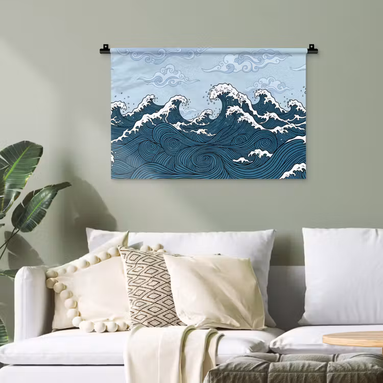 Zee - Golven - Japans - Natuur - Blauw Wandkleed katoen klein -sfeer7