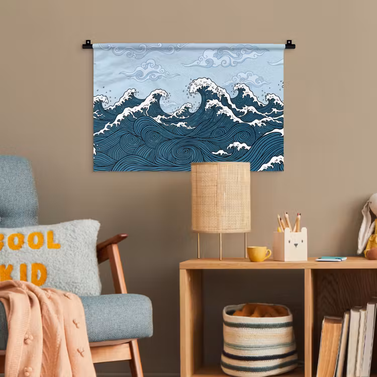 Zee - Golven - Japans - Natuur - Blauw Wandkleed katoen klein -wsfeer4_kind