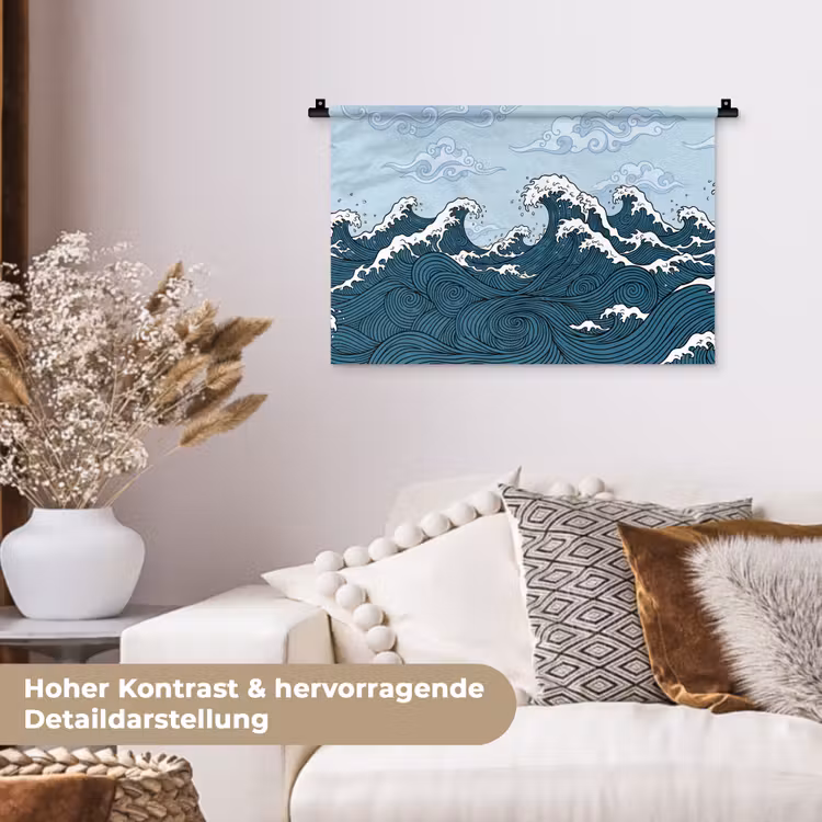 Zee - Golven - Japans - Natuur - Blauw Wandkleed katoen klein -tsfeer1_DE
