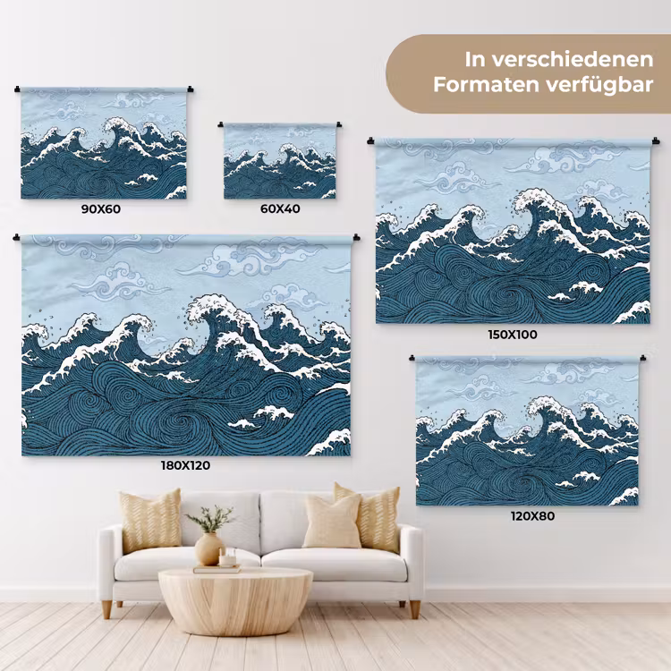 Zee - Golven - Japans - Natuur - Blauw Wandkleed katoen klein -tsfeer8_DE