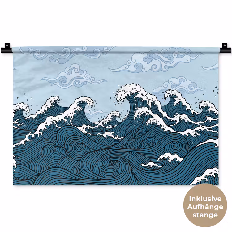 Zee - Golven - Japans - Natuur - Blauw Wandkleed katoen klein -t3d_DE