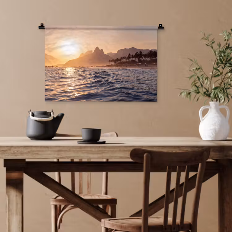Zee - Golven - Zonsondergang - Kust - Goud Wandkleed katoen klein -sfeer6